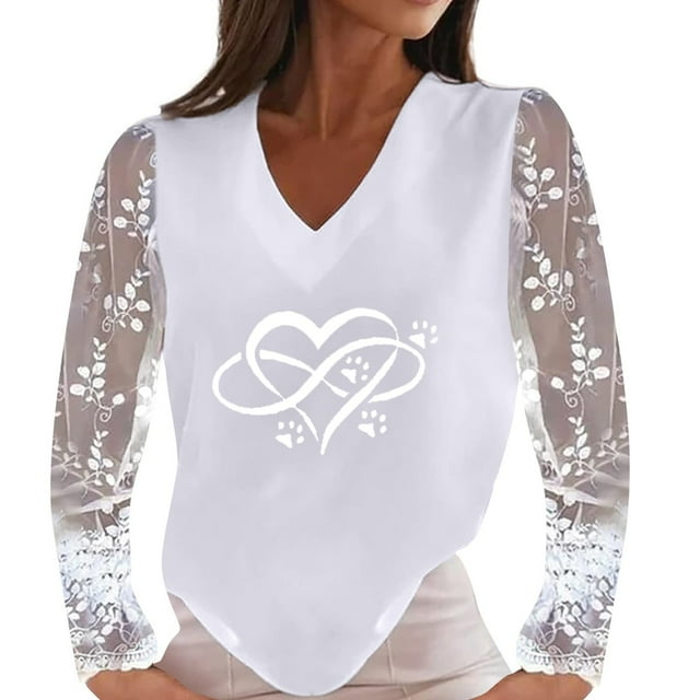 Pompotops Femmes Casual Dentelle Patchwork V-Cou Pull Imprimé Coeur T-shirt Tops