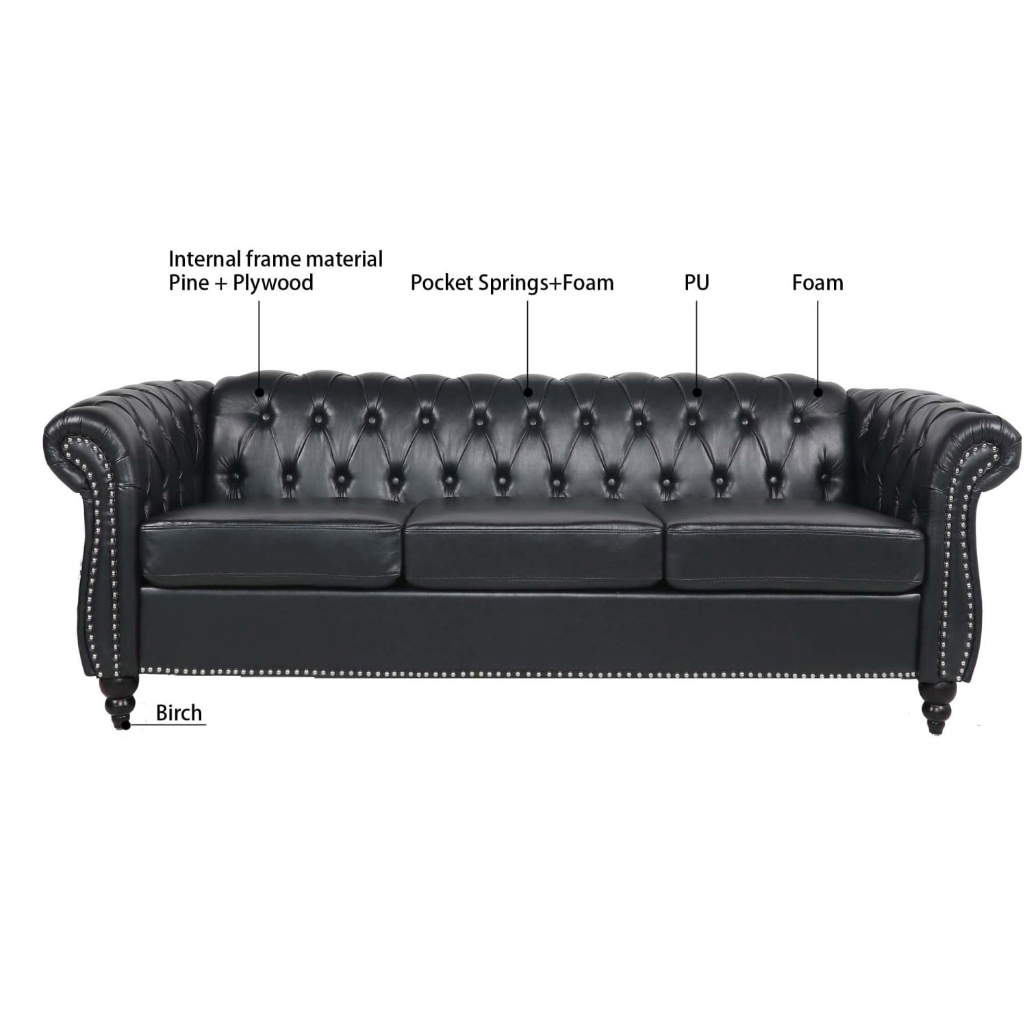 Miniyam 85" PU Rolled Arm Chesterfield 3 Seater Sofa, Black