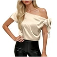 thumbnail image 3 of Horkkom Off The Shoulder Tops for Women Short Sleeve Silk Blouse Summer Cusual Solid Color Satin Tops L, 3 of 7