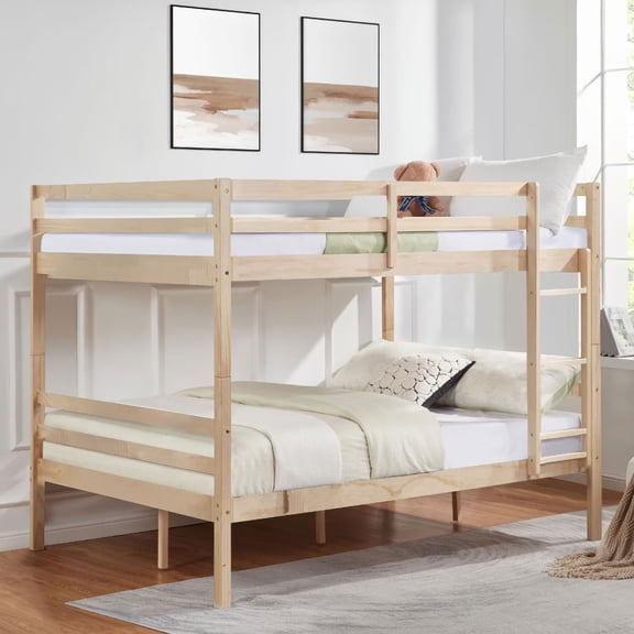 MAYEERTY Full over Full Bunk Bed with Ladder and High Guardrail, Solid Wood Bed Frame, Space-Saving for Kids Teens Dorm Rooms Guest Rooms, No Box Spring Needed