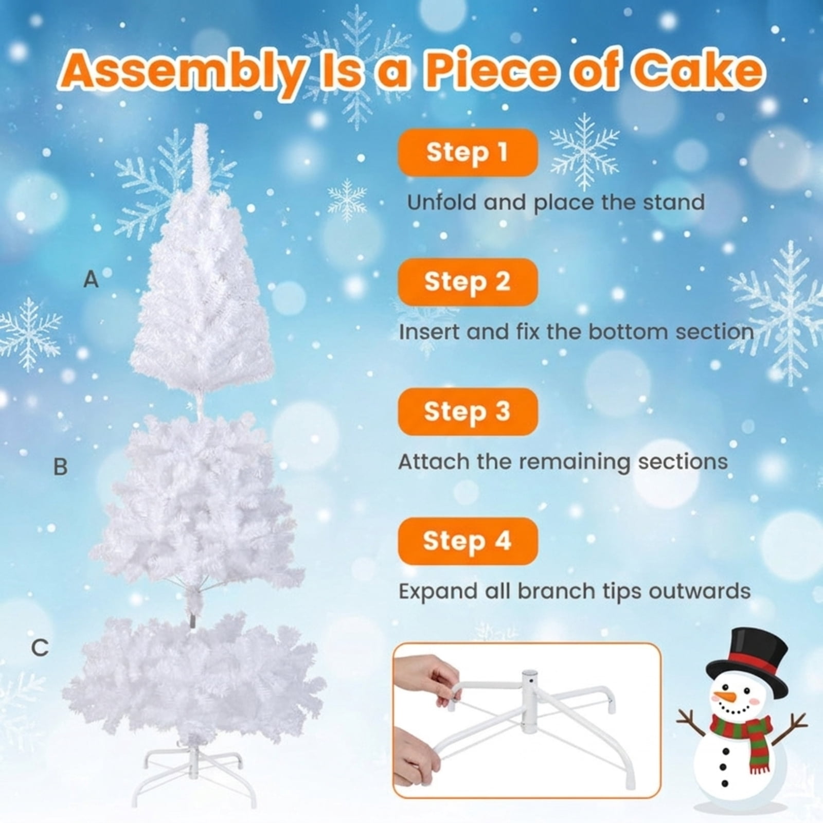 RUIE 7 FT White Artificial Christmas Tree with Sturdy Metal Stand, 950 Lush PVC Tips, Hinged Easy Assembly Holiday Tree for Indoor Home Decoration