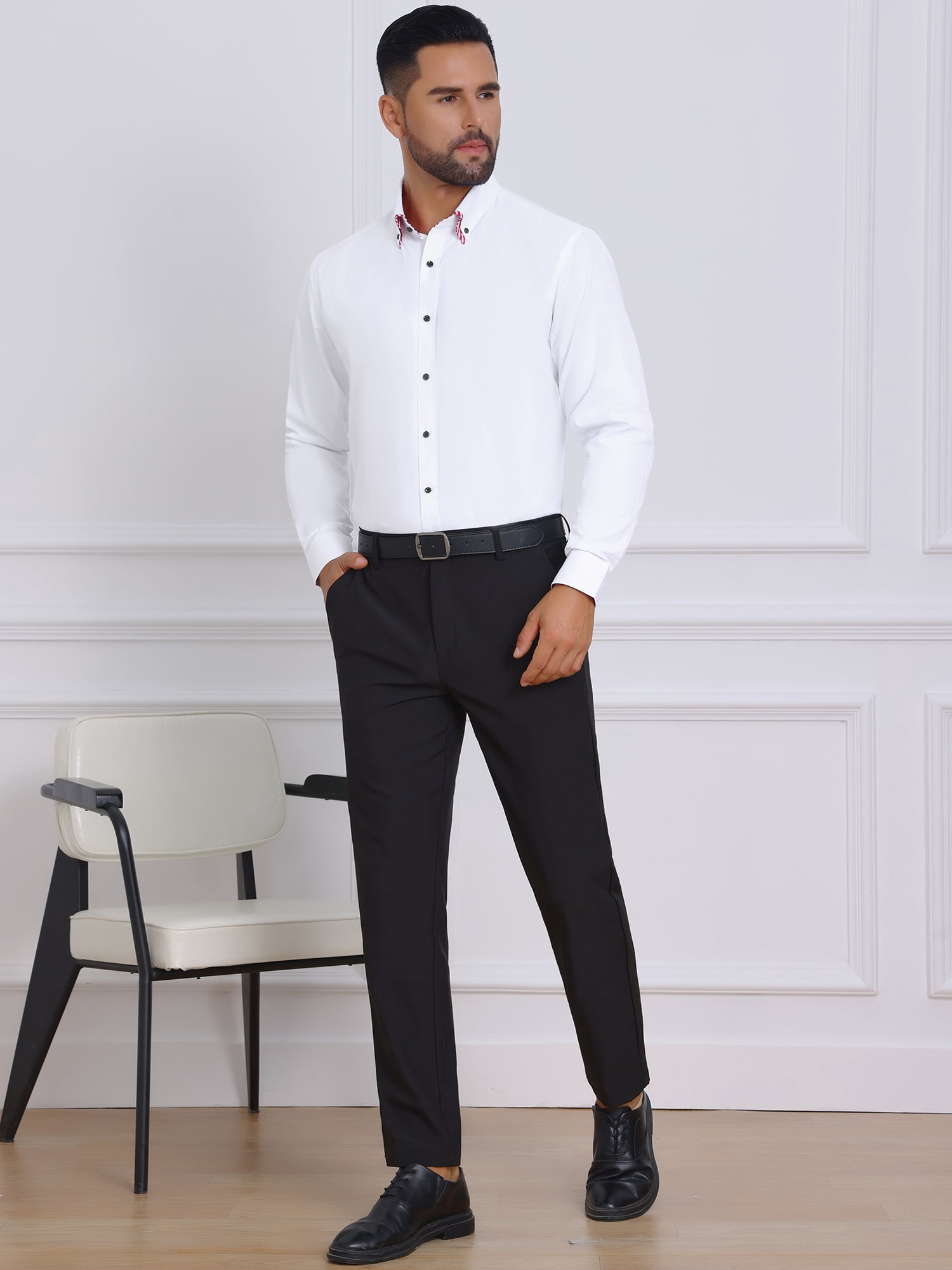DARING DIVA Men's Contrasting Color Collar Long Sleeve Button Down Shirts S White