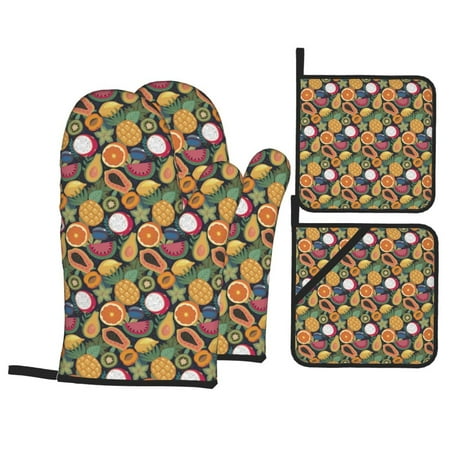 

Oven Mitts and Pot Holders Sets 4 pcs - Tropical Fruits Heat Resistant Silicone Oven Gloves with Non-Slip Silicone Surface and hot pads for kitchen Baking Cooking BBQ