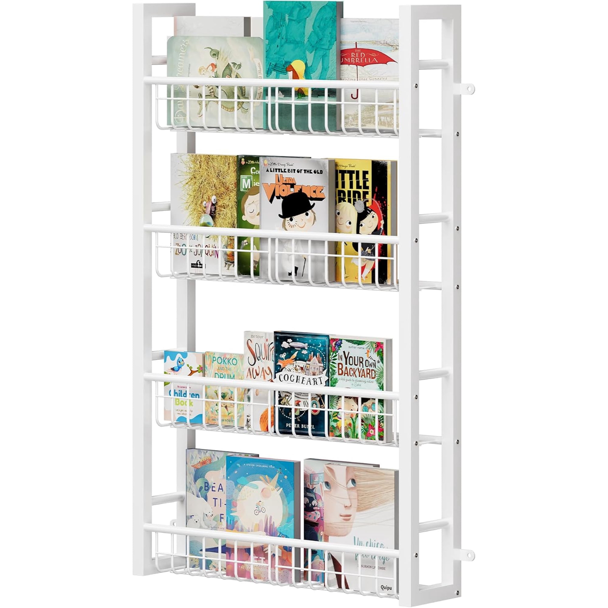 4-Tier Wall Mounted Bookshelf for Kids, Large Storage Book Display Shelf for Nursery Bedroom Living Room, Wall Bookshelves with Metal Frame for Baby Toddler Children Room Organization, White
