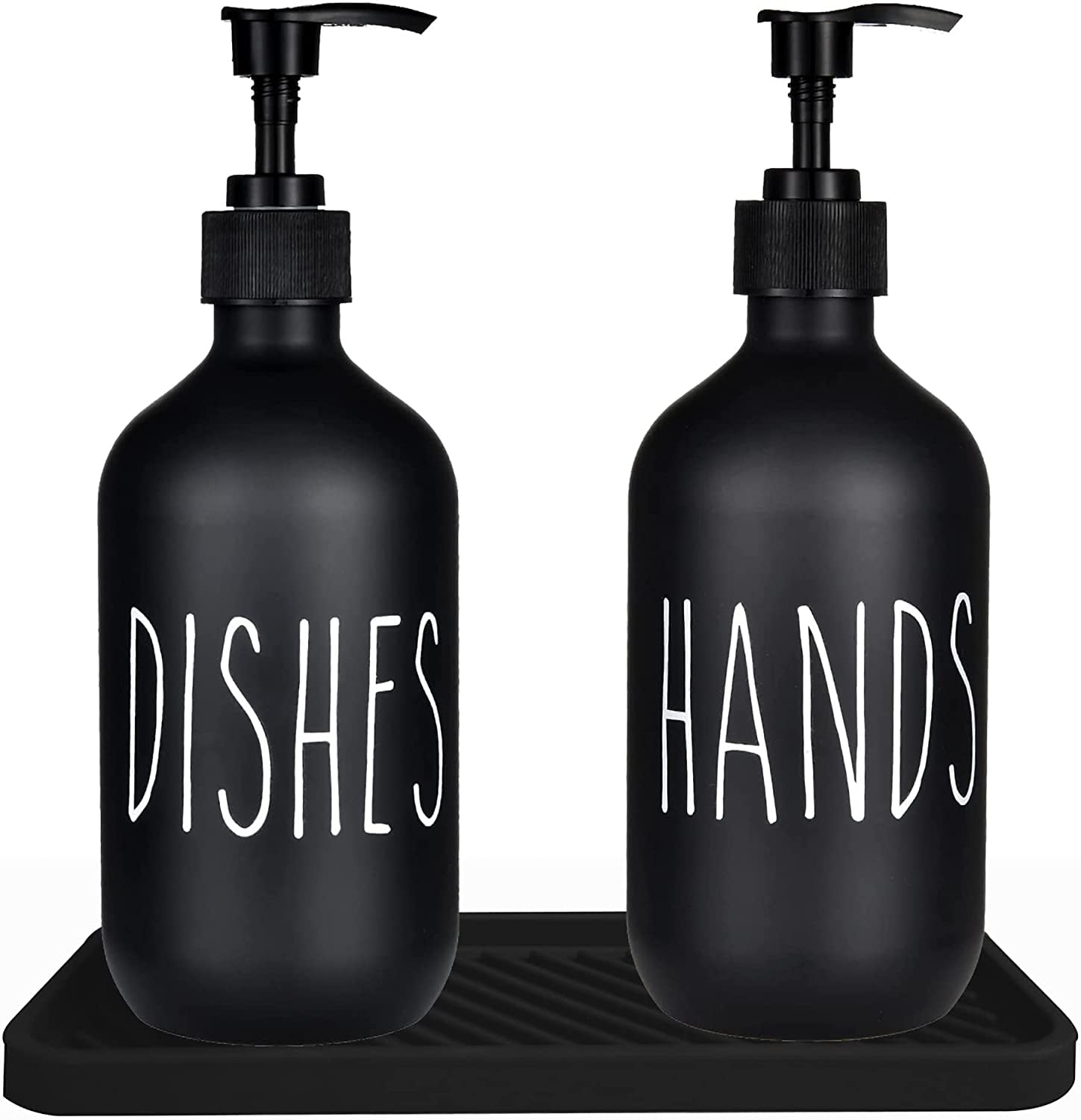 Soap Dispenser Set - Contains Dish Soap Dispenser and Hand Soap Dispenser 16 Oz Matte Black Soap Dispenser with Black Plastic Pumps and Silicone Tray Perfect for Kitchen Decor