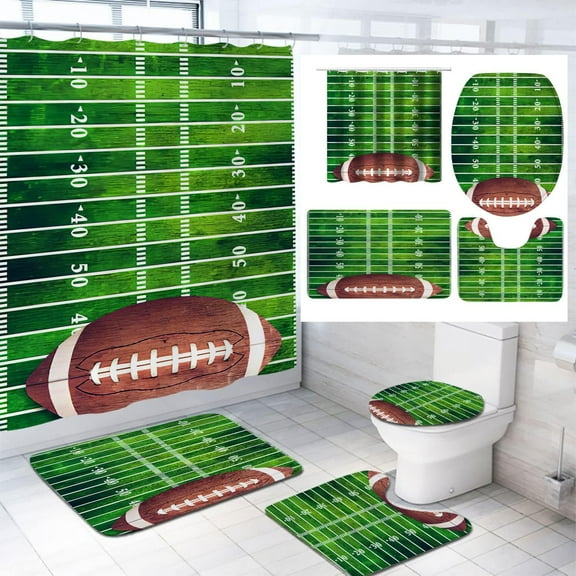 American Football Shower Curtain Set for Teens Boys, Sports Themed Fun Traditional Sport Close Up Bath Curtains for Kids Boys Teens, 4PCS/Set Game Bathroom Decor, 72x72 inch