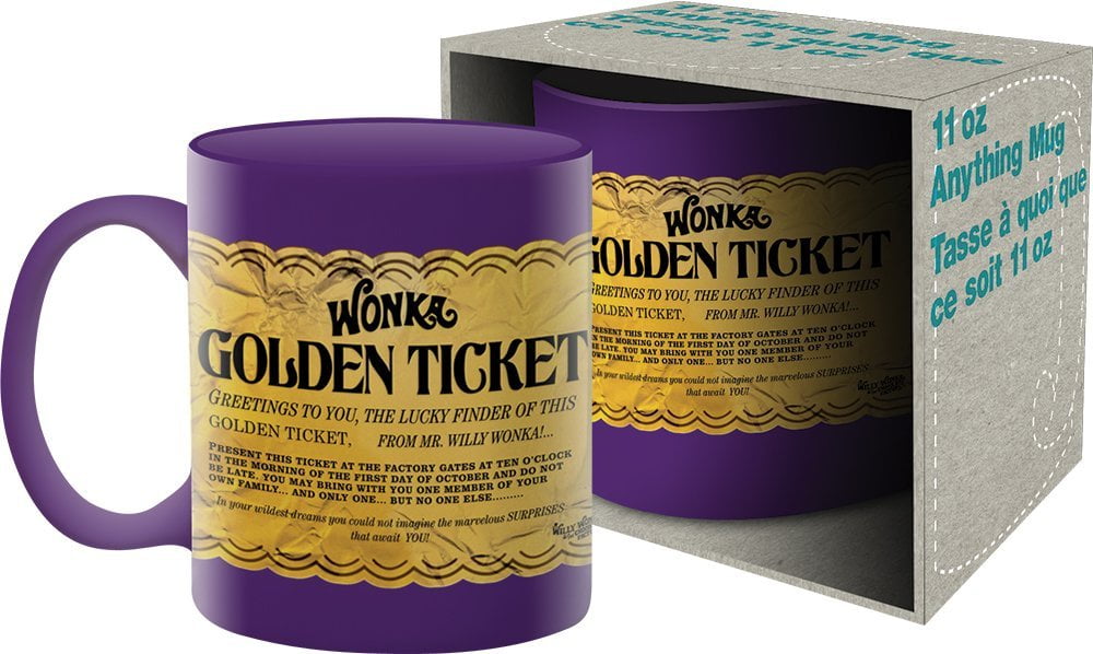 White Ceramic Coffee Tea Cup 11oz mug Willy Wonka Golden Tickets 
