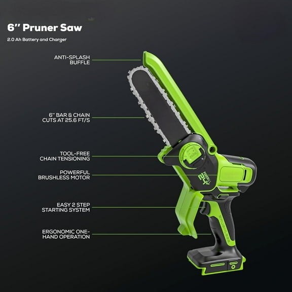 24V 6" Brushless Mini Chainsaw, Small Cordless Handheld Saw, 2.0Ah Battery and Charger Included