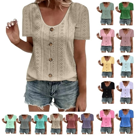 Womens Tops Trendy Ndbuld Womens Fashion Summer Short Sleeve Round-Neck Solid Casaul Tops T-shirt Christmas Deals Khaki S