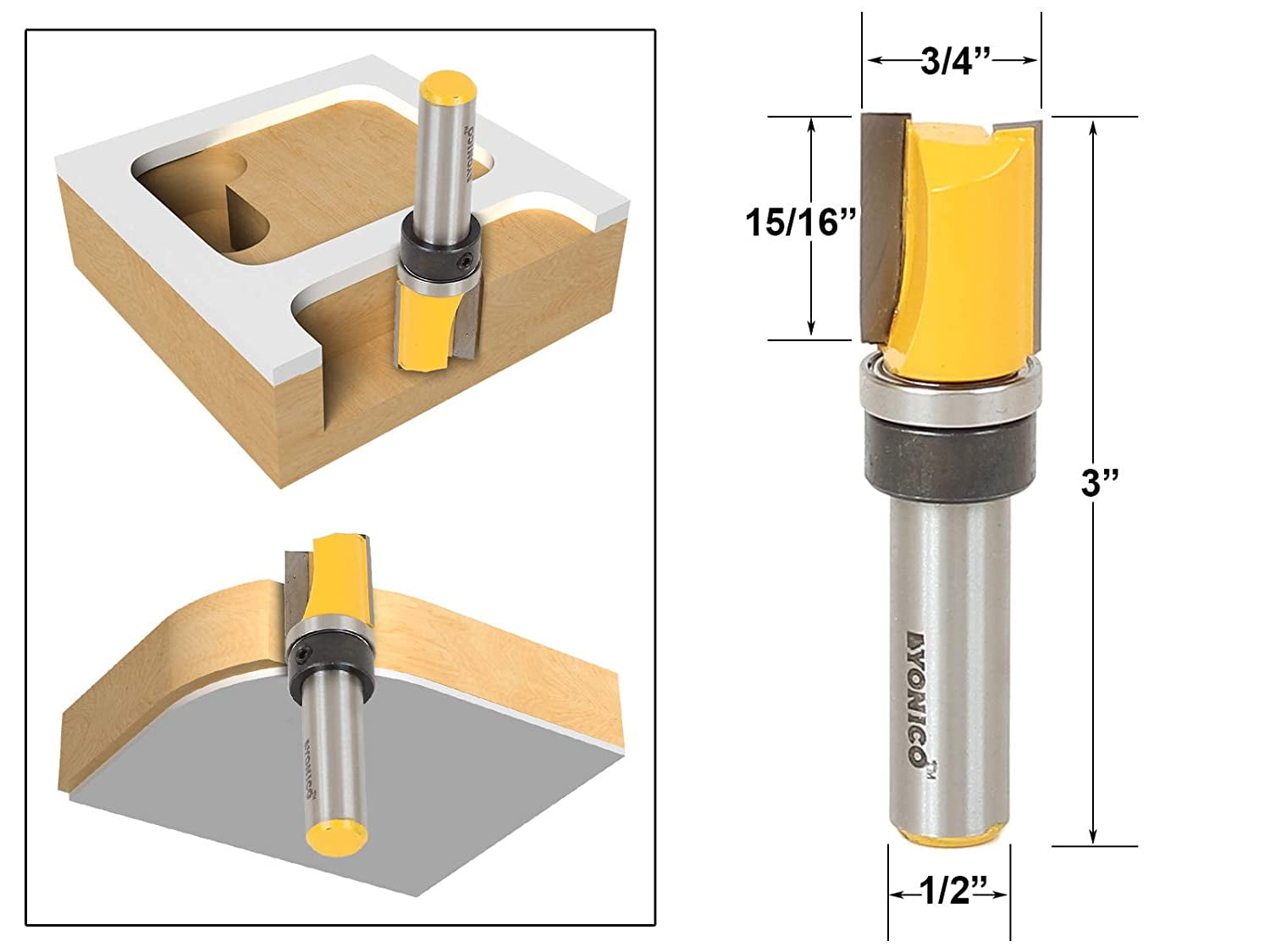 4 Bit 3/4" Diameter Flush Trim Template Router Bit Set - 1/2" Shank - Yonico 14426