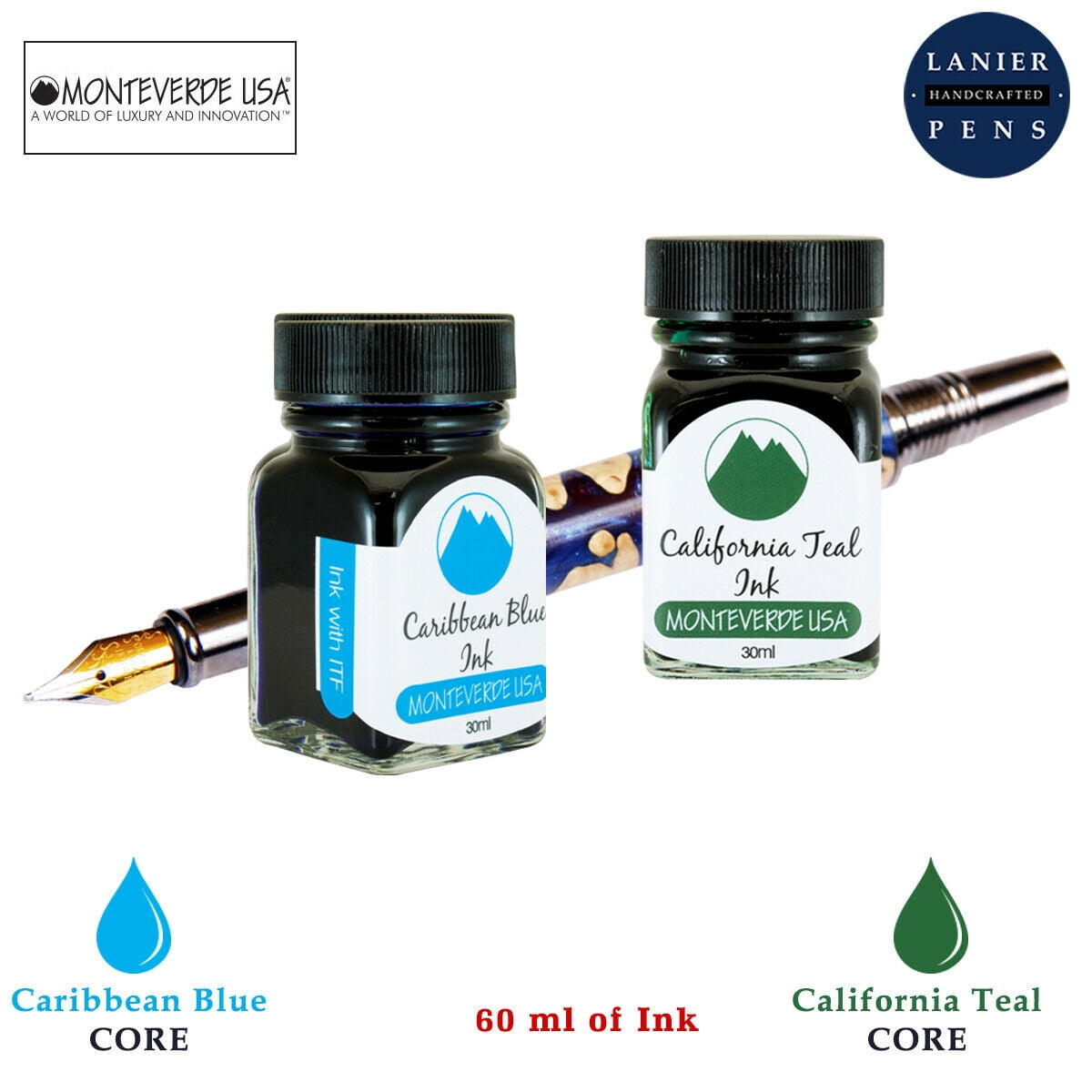 Monteverde 60ml Core Fountain Pen Ink Bottle (30ml Caribbean Blue Ink Bottle G309CU, 30ml California Teal Ink Bottle G309CT)