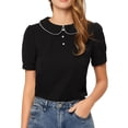 thumbnail image 1 of Blusa de manga corta con cuello Peter Pan y ribete en contraste para mujer Negro L, 1 of 4