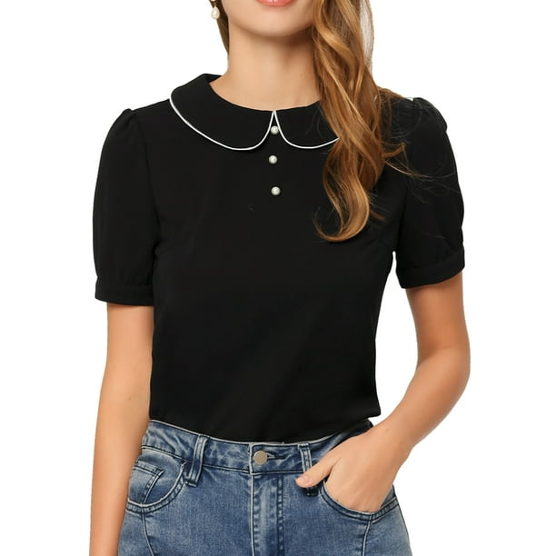 Blusa de manga corta con cuello Peter Pan y ribete en contraste para mujer Negro S