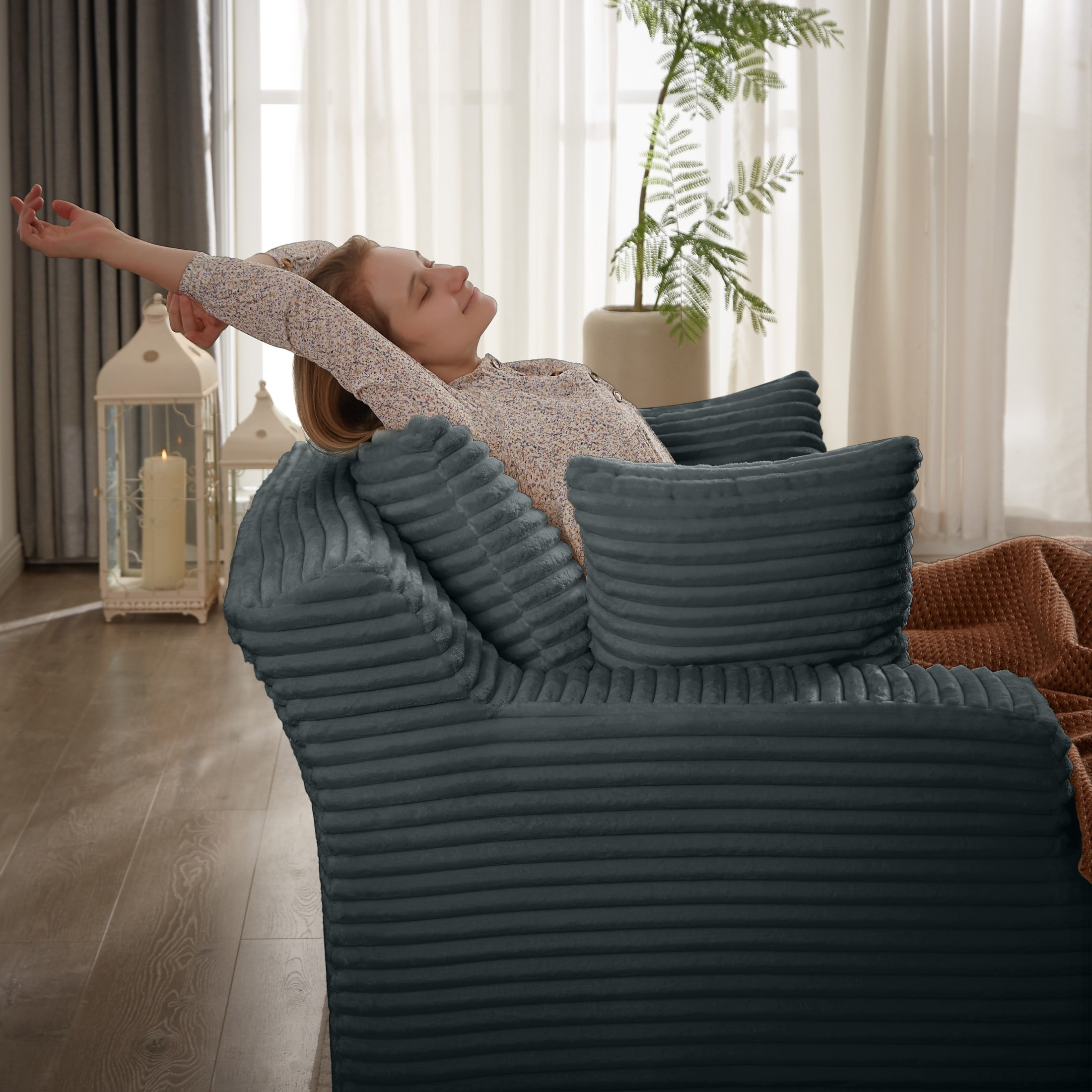 Aukfa Oversized Chaise Lounge Sofa Bed, Corduroy Upholstered Sleeper Chair, Boneless Deep-Seat Couch, Dark Gray