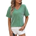 thumbnail image 2 of Loopsun Plus Size Womens Summer Tops, Women's Solid Color Chest Pocket V-neck Twisted Strip Color Blocking Short Sleeved Loose T-shirt Green L, 2 of 4