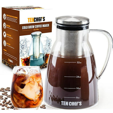 ONE DAY SALE! - Cold Brew Coffee Maker and Tea infuser - 32OZ - Premium Glass pitcher with lid Stainless Steel FilterPerfect For Homemade Cold Brew and Iced Coffee,Easy to clean and wash by