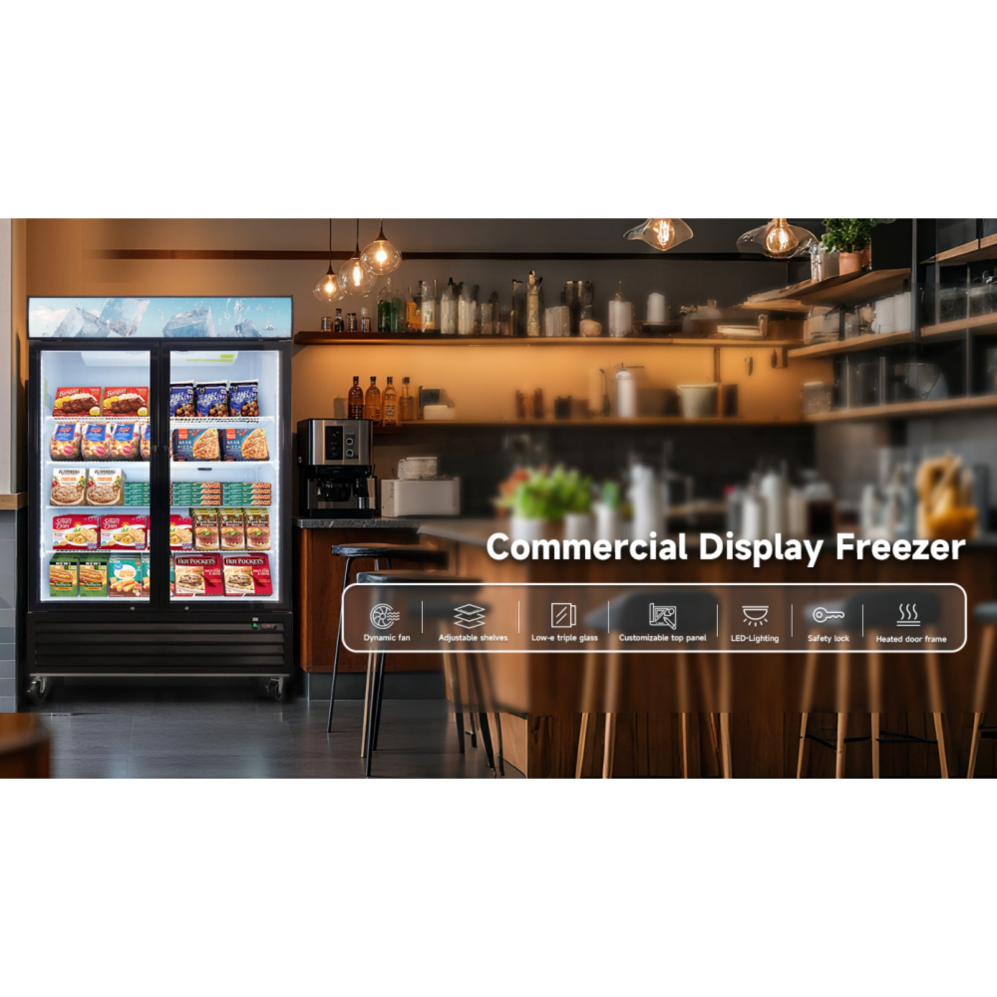Glass Door Merchandiser Freezer 44.7 Cu.ft Swing Door Commercial Reach-In Display Freezers with LED Top Panel Upright Freeze Storage