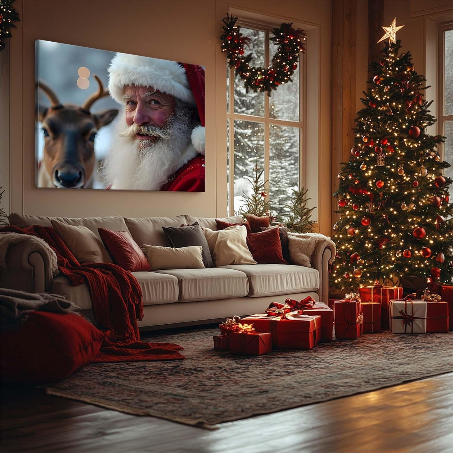Christmas canvas wall art decor, Santa Claus with Reindeer Canvas Print, Festive Holiday Decor for Room, Unique Christmas Gift for Family and Friends, Adds Christmas Spirit to Your Home 24X30inch