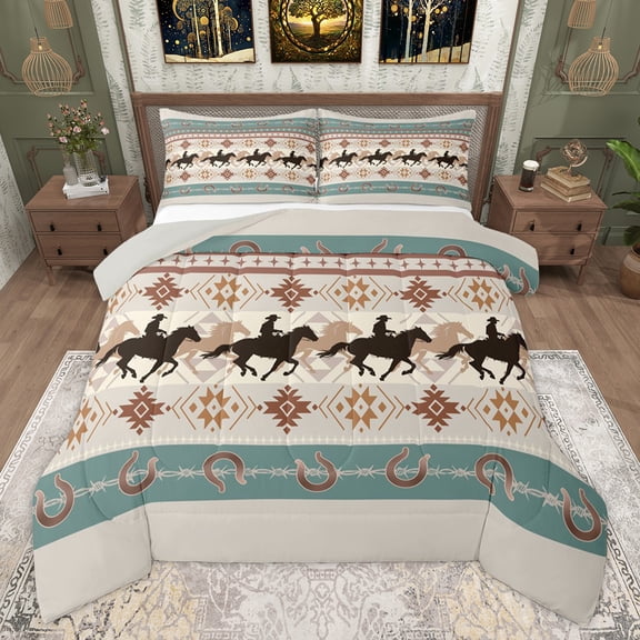 Homewish Rustic Cowgirl Cowboy Bedding Comforter Set, Vintage Wheat Western Aztec Twin Comforter Sets, Farmhouse Horse Shoes Reversible Bedding Set, Ultra Soft Bedroom Decor, 2 Pieces