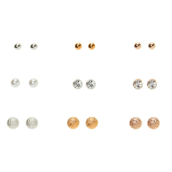 Claire's 9 Piece Gold and Silver Metal Earring Studs, Slick Metal, Pearls, Rhinestone Studs, Textured Balls