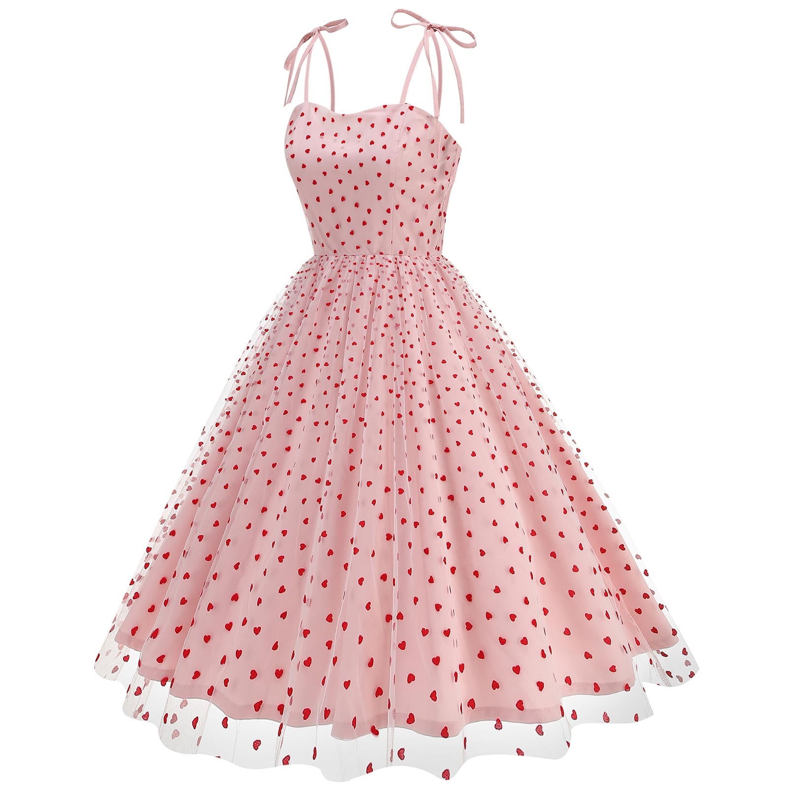 hotojiny Women Heart Print Maxi Dress Valentine's Day Gifts Cocktail Party Dresses Fashion Sleeveless A-Line Flowy Mesh Dress