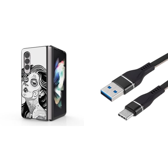 Accessory Bundle for Galaxy Z Fold 4: Slim Snap-On Case (Tattoo Girl), Nylon Braided USB-C to USB-A Cable (3 Feet)
