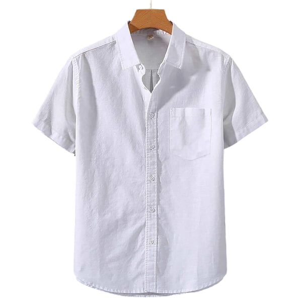 Ceisia Men's Cotton Linen Blend Short Sleeve Shirt | Solid Color Casual Loose Fit Button Down Top Gifts