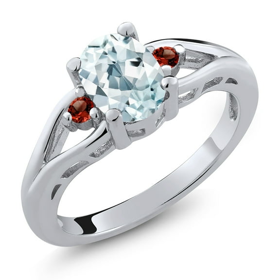 Gem Stone King 925 Sterling Silver Sky Blue Aquamarine and Red Garnet 3 Stone Engagement Ring for Women | 1.30 Cttw | Oval 8X6MM | Round 2MM | Gemstone March Birthstone | Size 8