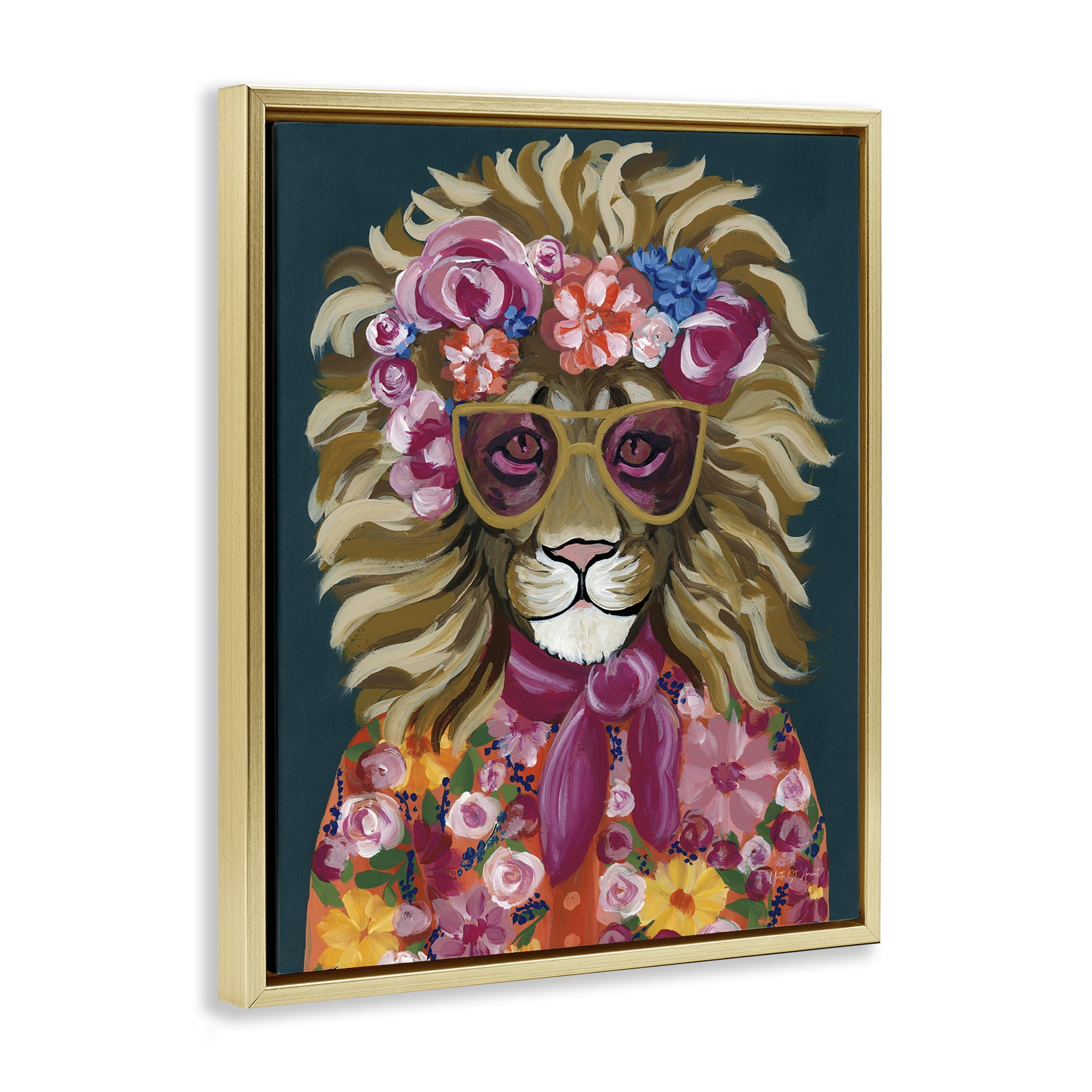 Stupell Industries Miami Living Lion Animals Painting Gold Floater Framed Canvas Art Print Wall Art, 25 x 31