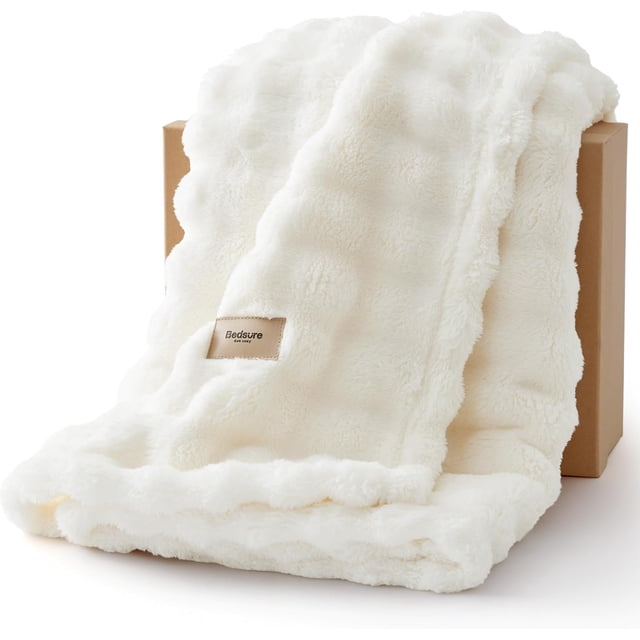 3D Bubble Blanket for Couch - GentleSoft White Throw Blanket for Sofa Bed Room Decor - Luxury Warm Cozy Gifts for Women, All Seasons, Off White, 50"×60"