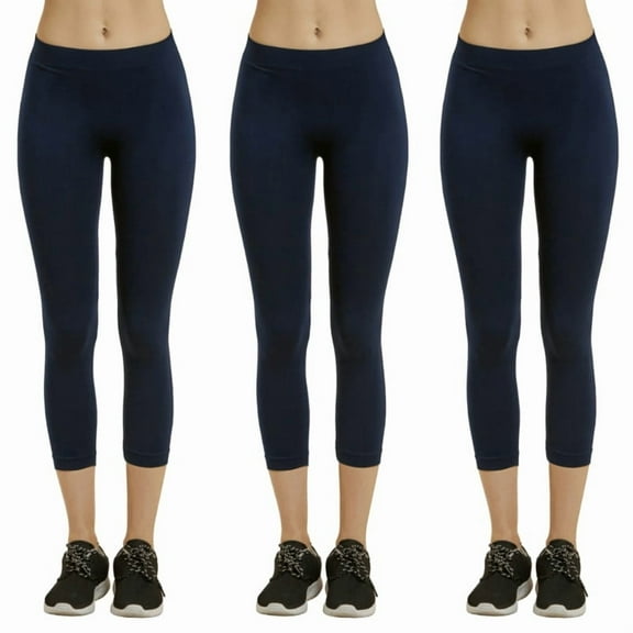 3 Pack Women’s Capri Leggings Stretch Tummy Control Buttery Ribbed Waistband Yoga Pants No See-Through Athletic Workout Running Cycling Activewear