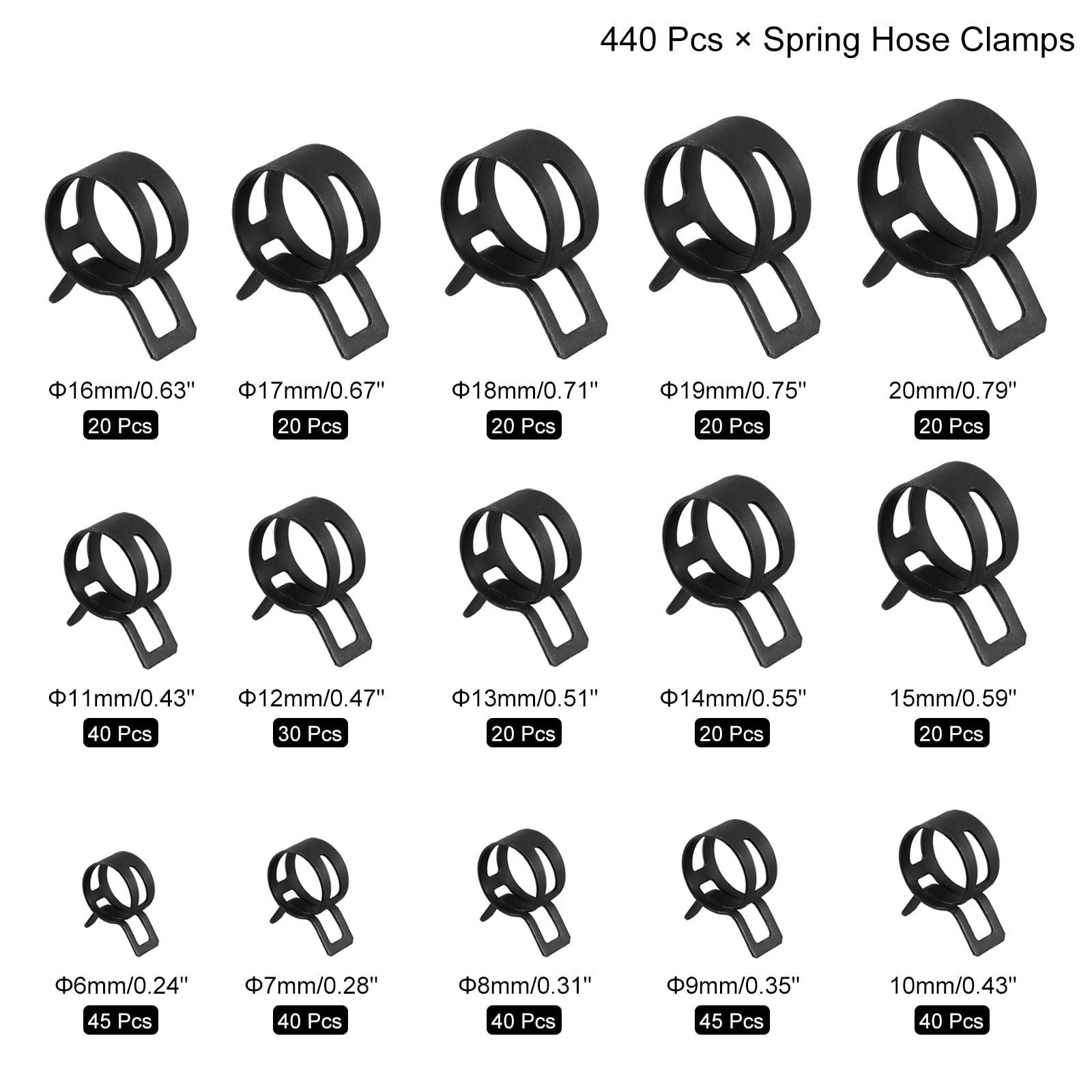 6mm to 20mm 15 Size Spring Band Type Action Fuel/Silicone Vacuum Hose Pipe Clamp Assortment Kits, 1 Set