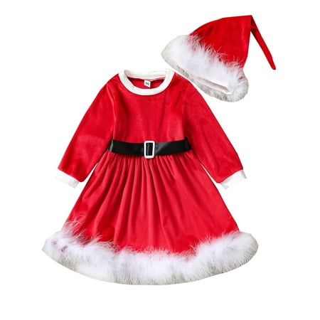 

Girls Fashion Dresses Kids Toddler Baby Girls Autumn Winter Christmas Cotton Long Sleeve Princess Dress Hat Cap Clothes