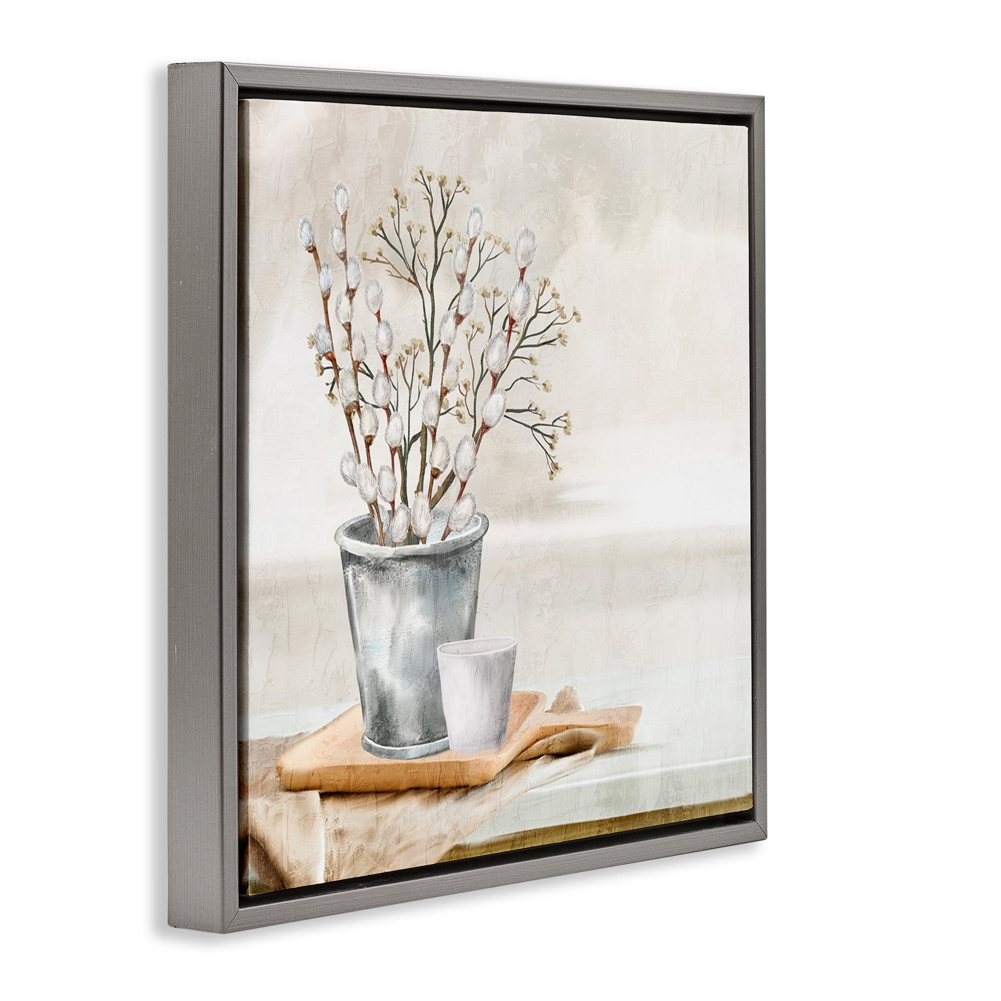 Stupell Industries Pussy Willow Still Life Botanical & Floral Painting Gray Floater Framed Art Print Wall Art, 18 x 18