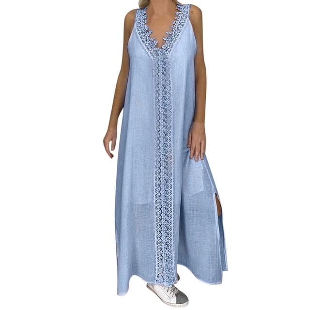CieKen Robe Longue Sans Manches à Épaules Dénudées en Dentelle Patchwork pour Femmes Grande Taille