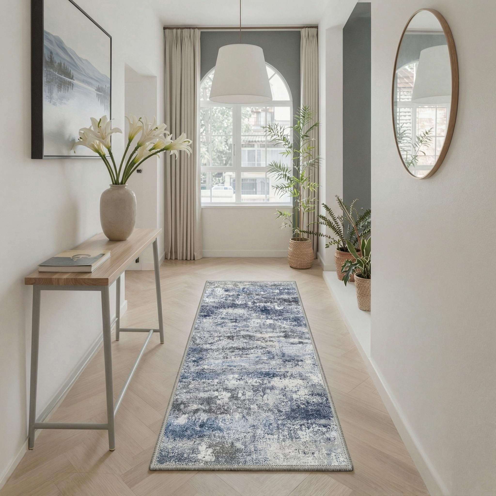 Runner Rug Non Slip 2x7  Washable For Hallways Kitchen Abstract Modern Rugs Low Pile Lightweight Carpet Runners Entryway Bedroom Laundry Haze Blue