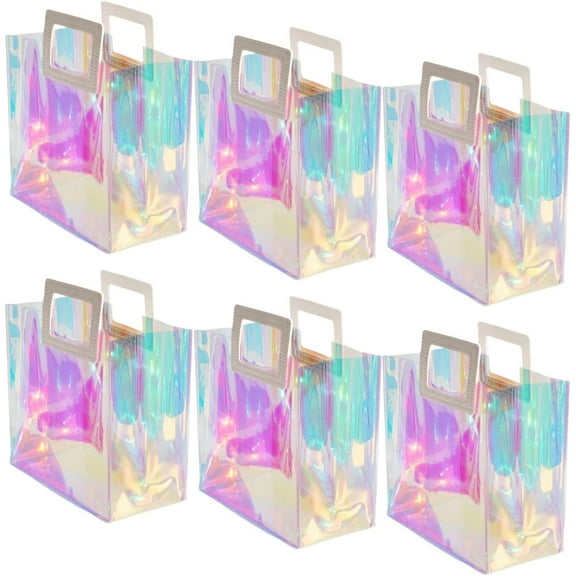 Trianu Clear Iridescent Reusable Gift Bag 6 Pcs Holographic Bag Large Tote Bags Handbag Gift Wrap Bags with Handle for Party, Christmas, Travel, Wedding and Shopping, 11 x 9.8 x 5.1inch