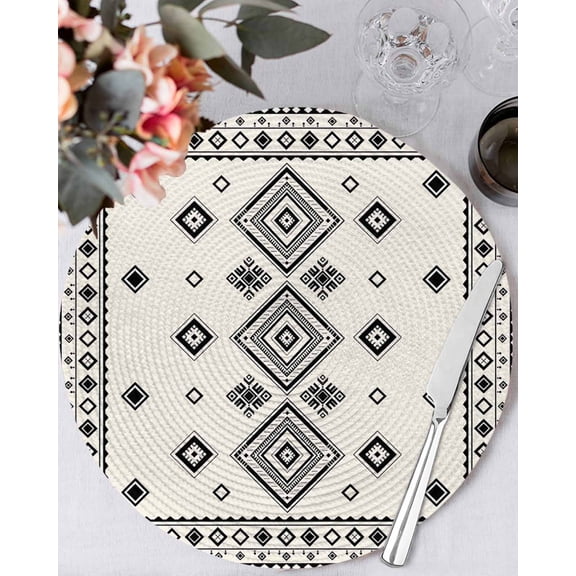15 Inch Round Placemats Set of 4, Boho Geometric Non Slip Heat Insulation PP Table Mats, Simple Farmhouse Nation Abstract Motifs Washable Place Mats for Kitchen Dining Party Table Decor