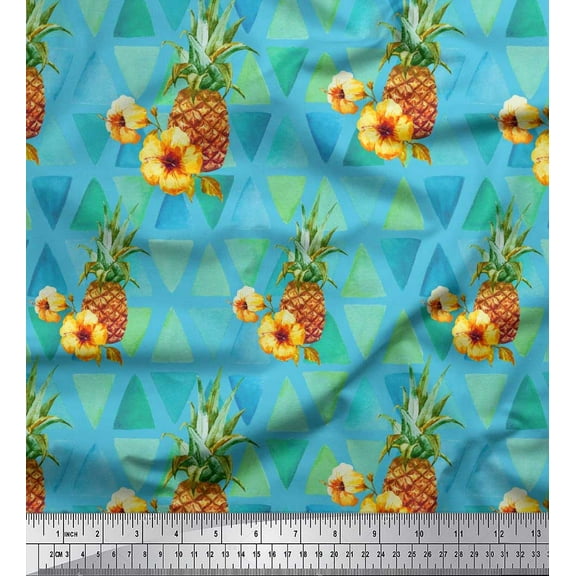 Soimoi Blue Cotton Duck Fabric Triangle & Pine Fruits Printed Craft Fabric by the Yard 42 Inch Wide