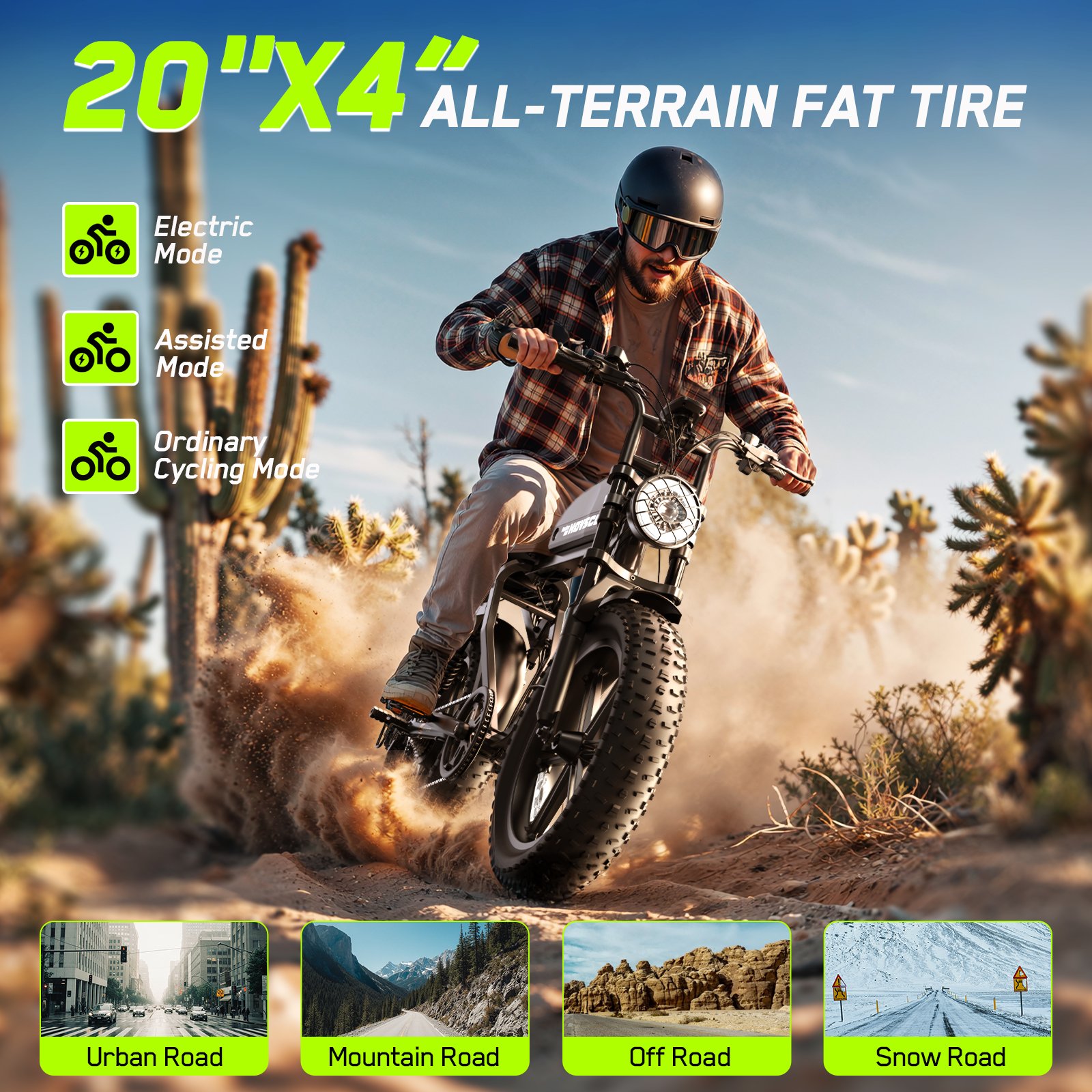 HOVSCO HovGtrs Peak 1500W Electric Bike, Moped-style Electric Bicycle for Adults, 20"x4" Fat Tire Motorcycle, E Mountain Bike, 48V/15AH UL2849