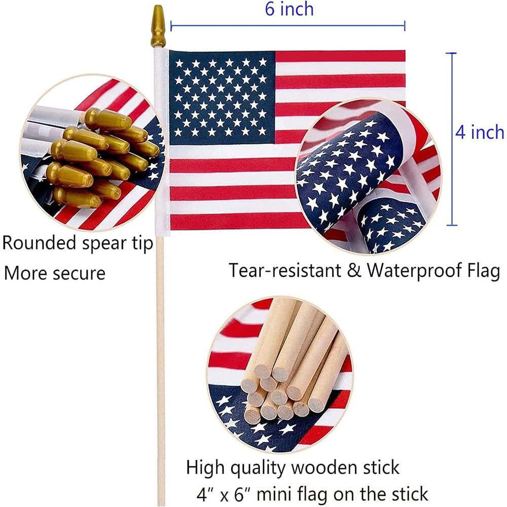 100 Pack 4x6 Inch Mini American Flags on Stick, Small US Flags for 4th of July, Memorial Day, Patriotic Outdoor Yard Decor