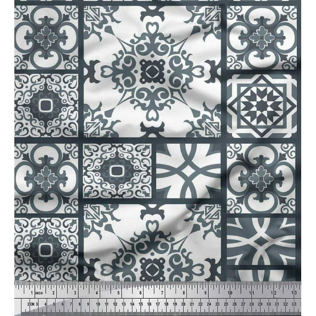 Soimoi Poly Georgette Fabric Check & Damask Patchwork Print Sewing Fabric Yard 42 Inch Wide
