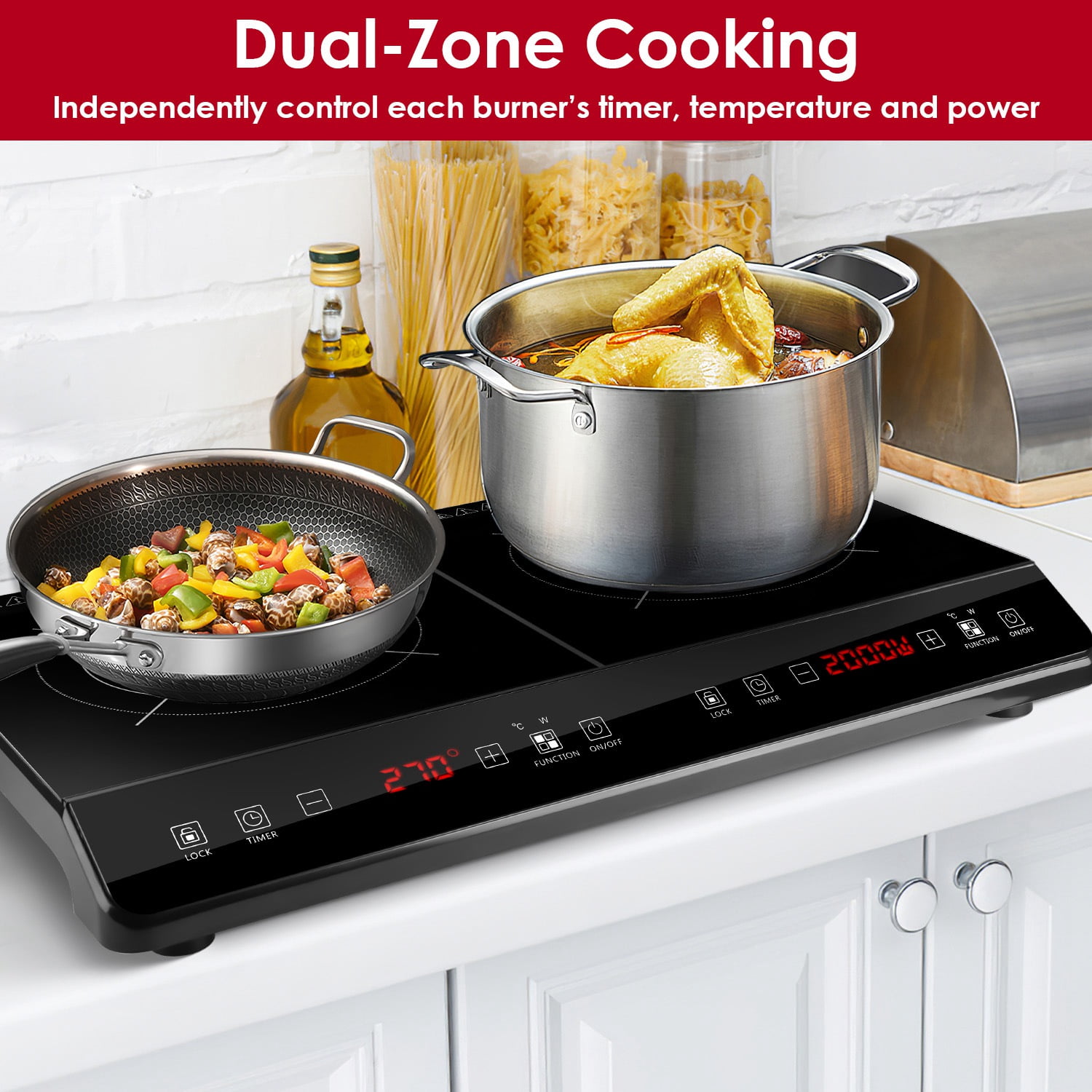 TeqHome Double Induction Cooktop 4000W Portable Induction Countertop with 9 Power Levels 9 Temperature Settiings From 176℉ to 518℉ Smart Timer 0-3H and Safety Lock Black
