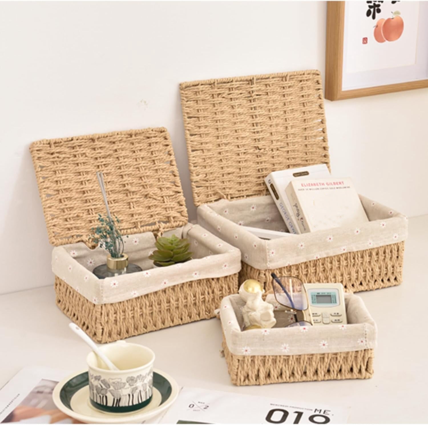 Small Storage Baskets with Lid, Kvago Set of 3 Size Storage Box, Paper Rope Storage Bin with Removable Liner and Metal Frame for Toys Cosmetics Bedroom Closet Desk Organizer (Beige)