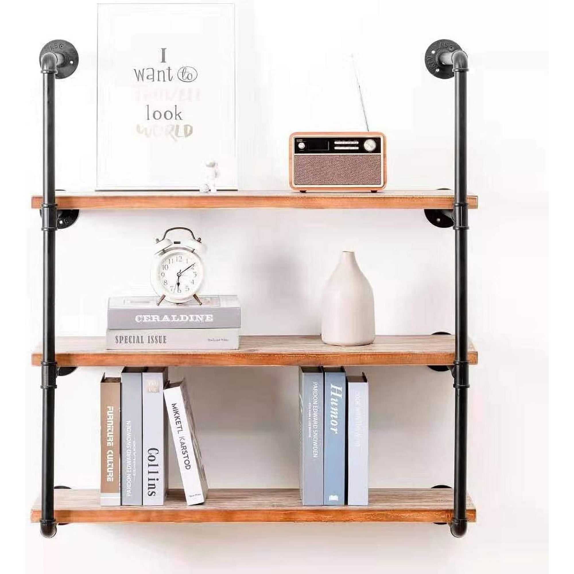Industrial Wall Mounted Pipe Shelving Rustic Metal Floating Shelves Steampunk Real Wood Bookcases DIY Bookshelf Hanging Shelves Farmhouse Kitchen Bar Office Home Storage (4-Tier with 3 Boards 36in)