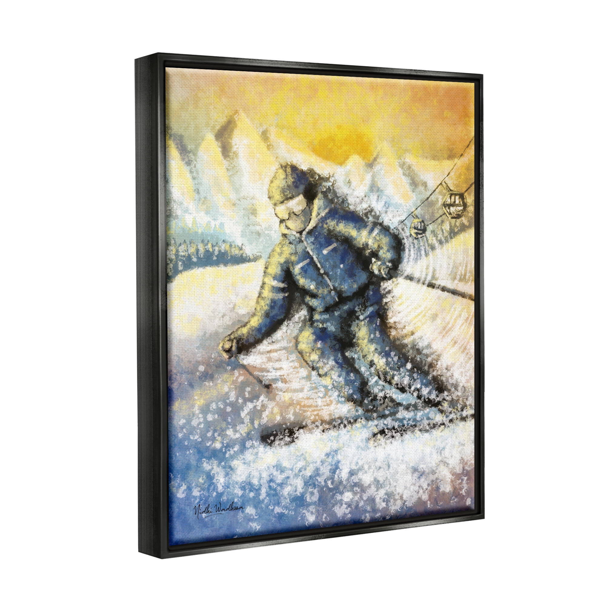 Stupell Industries Person Skiing on Slopes Sports Painting Black Floater Framed Art Print Wall Art, 17 x 21