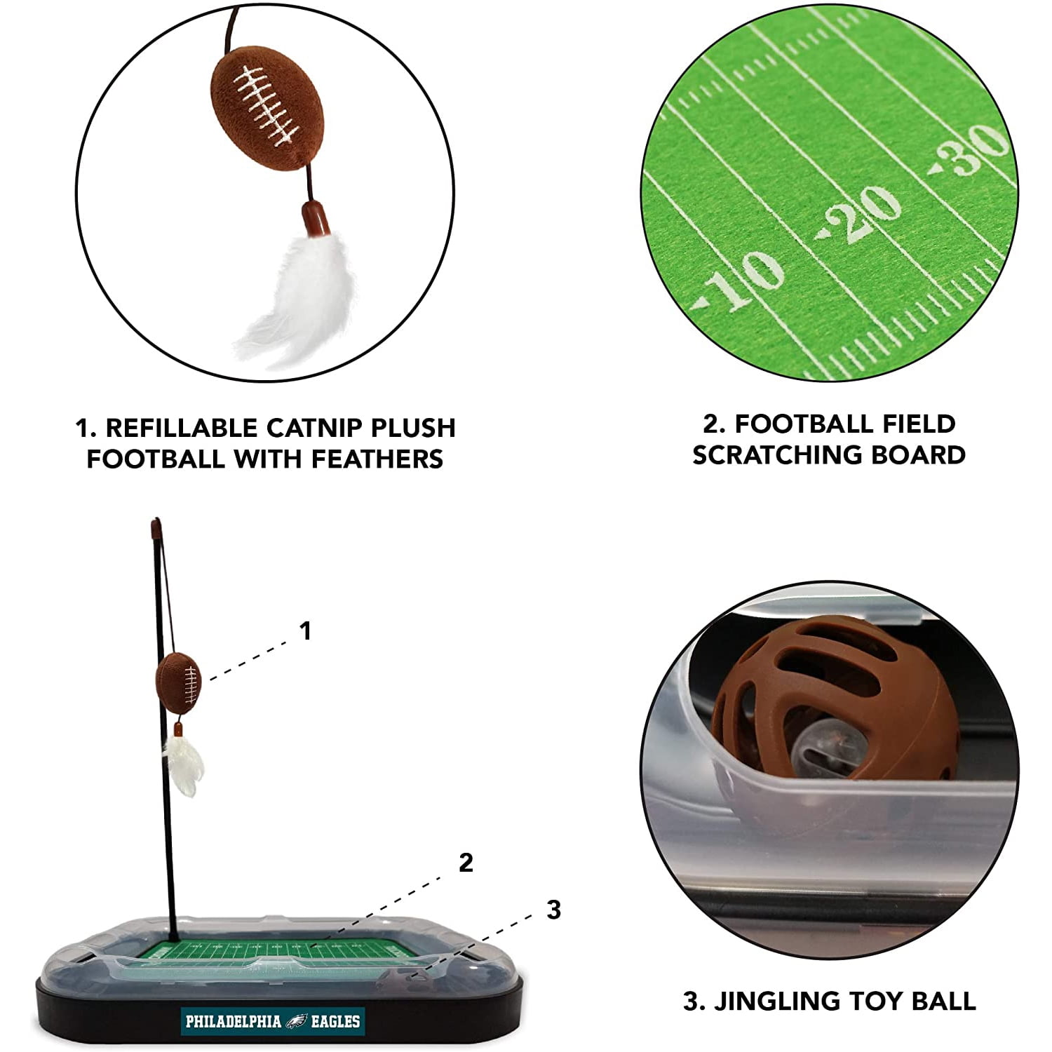 NFL Philadelphia Eagles Football Stadium Cat Scratcher Find & Play Cat Box.  Game Day Cat Toy with 2 Cat Jingle Bell Balls. NFL Football Field Felt Cat