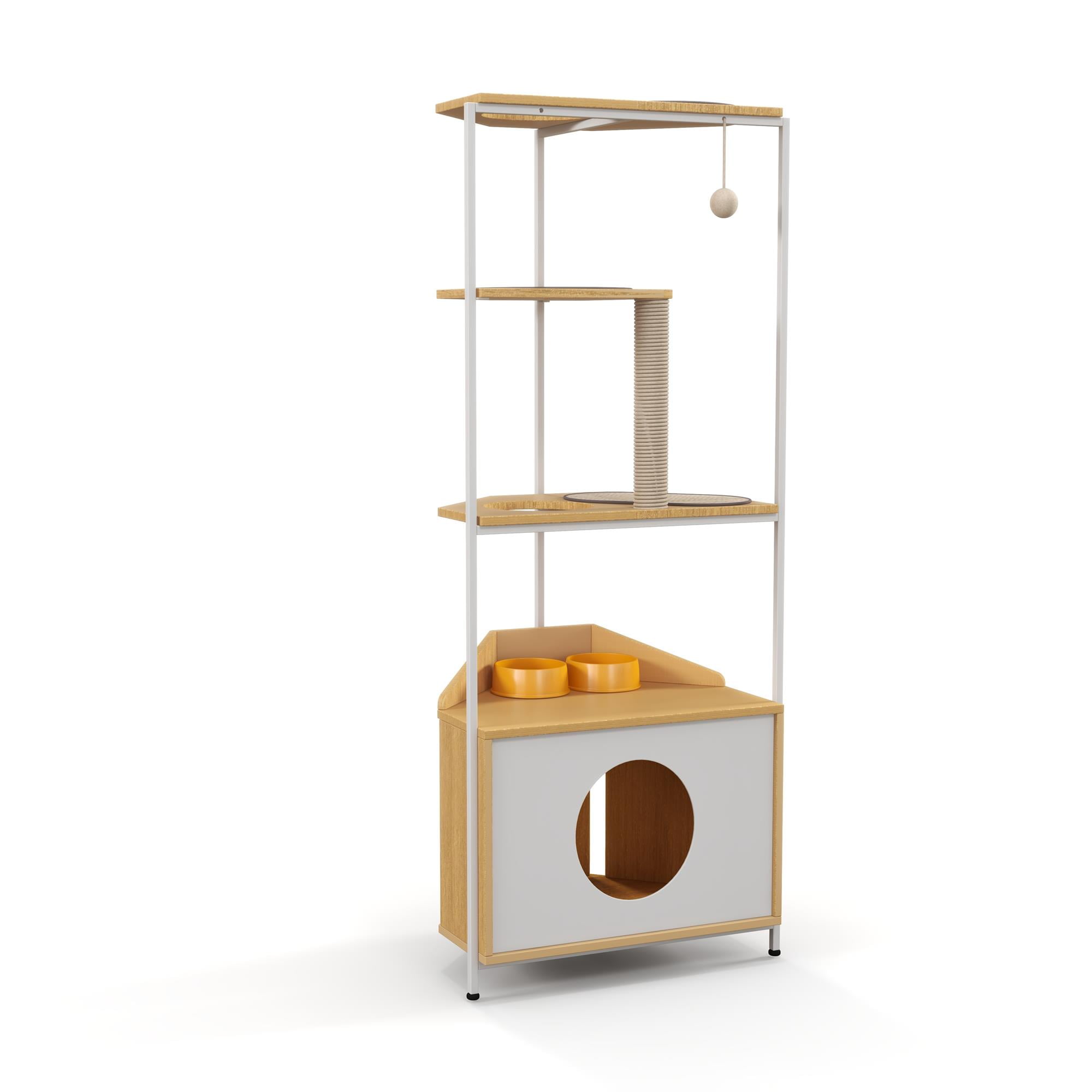 Pefilos 58" Cat House for Indoor Cats with Feeding Station and Climbing Platforms, Corner Cat Tree Tower, Cat Condo Furniture, Beige Pefilos 58" Cat House for Indoor Cats with Feeding Station and Climbing Platforms, Corner Cat Tree Tower, Cat Condo Furniture, Beige