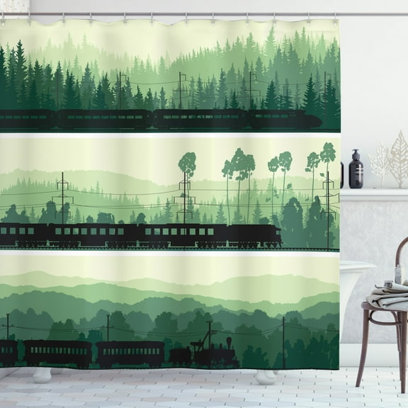 Train Shower Curtain, Green Tones Illustration with Modern to Old Vehicles and Landscape Print, Fabric Bathroom Set with Hooks, 69W X 75L Inches Long, Multicolor, by Ambesonne