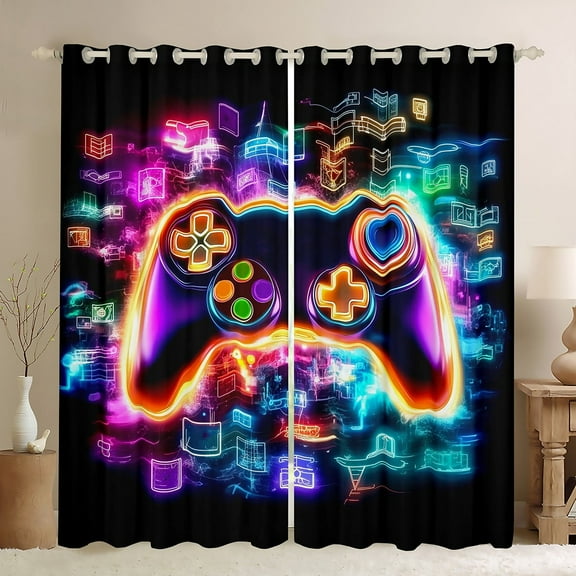Erosebridal Neon Gamepad Curtains for Living Room, Futuristic Geometry 30%-50% Blackout Curtains Set of 2 (38x45), Modern Video Gaming 30%-50% Black Out Curtains, Window Curtains Room Decorative